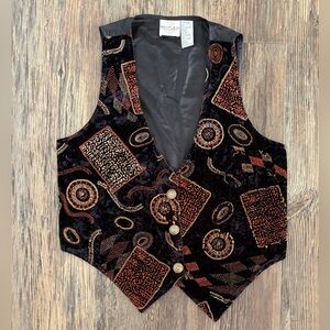 *READ Vtg TR Bentley Black Velvet Vest Womens M Orange Gold Geometric Boho 90s